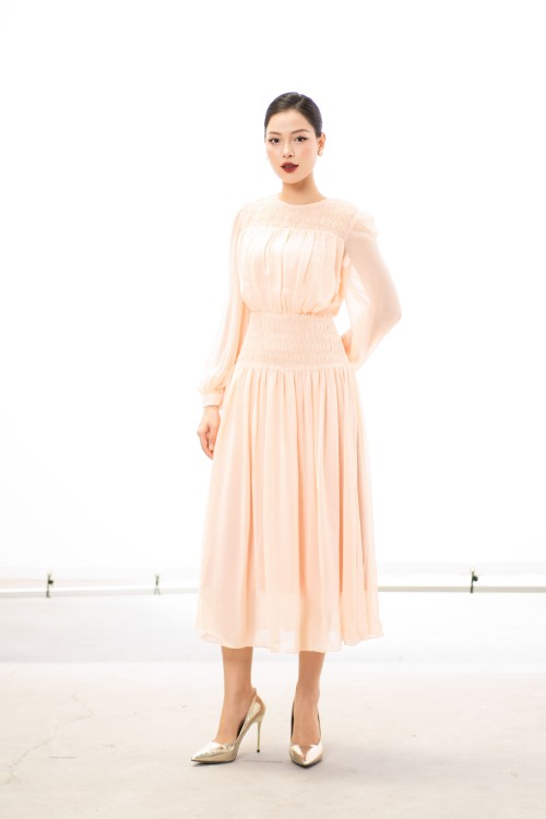 Sixdo Light Peach Long Sleeves Chiffon Midi Dress